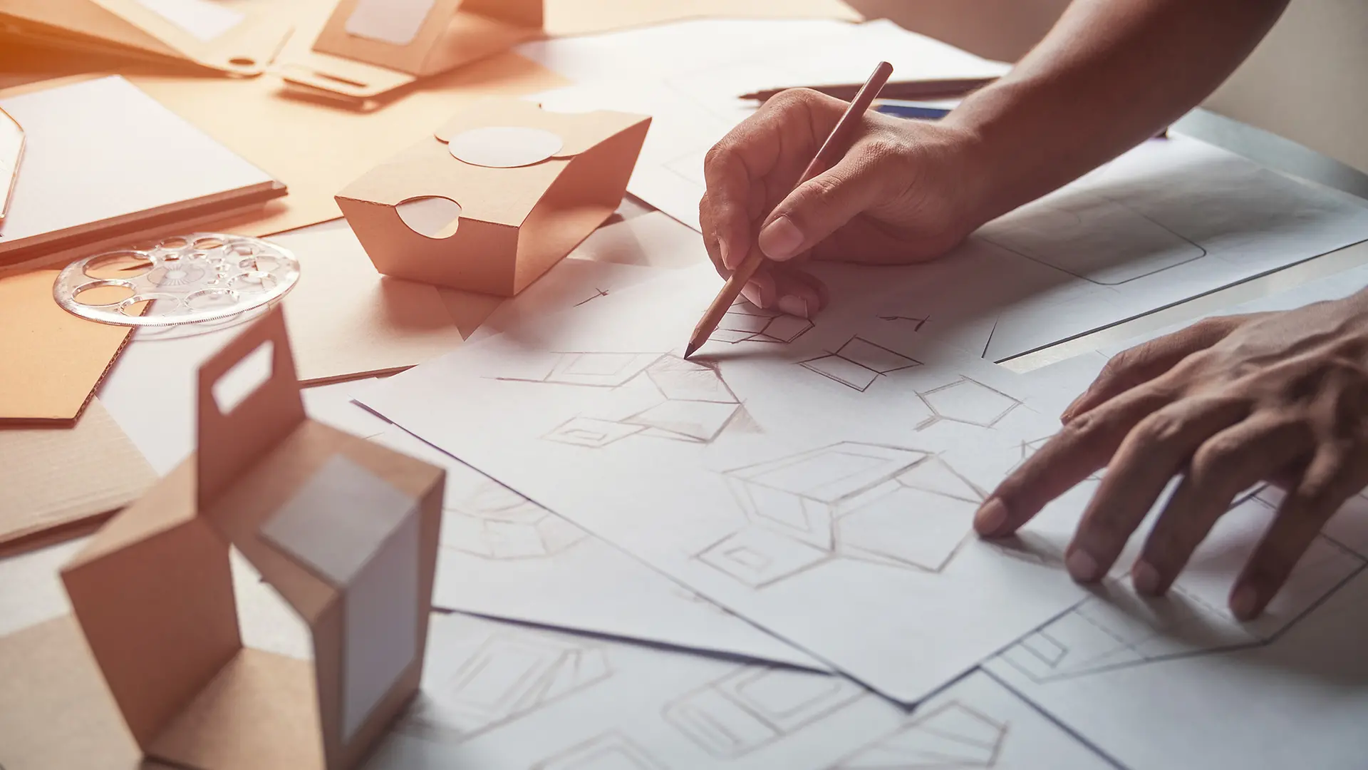 two hands, one holding a pencil and drawing geometrical shapes on paper on a desk awash with further drawings and a few carton 3D models